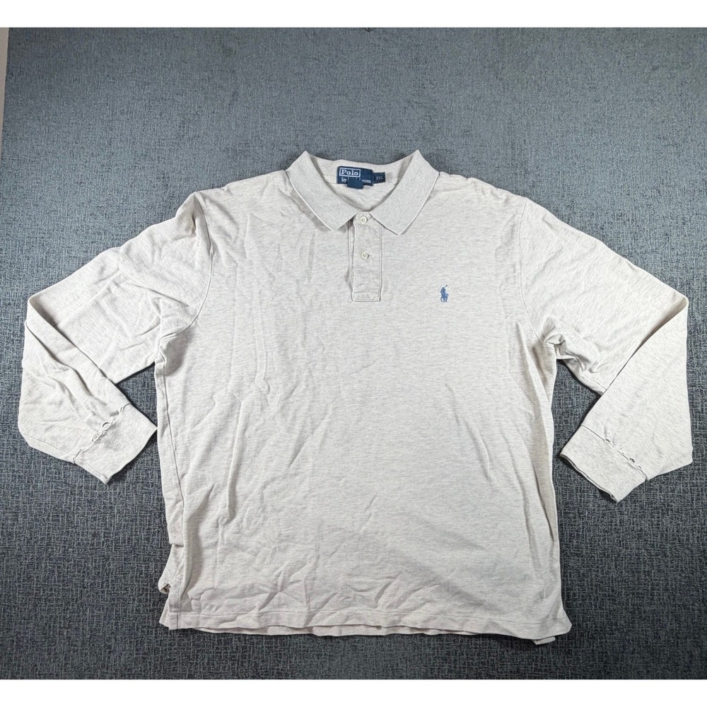 Polo Ralph Lauren Mens XXL Long Sleeve Polo Shirt Beige Cotton Pique Distressed
